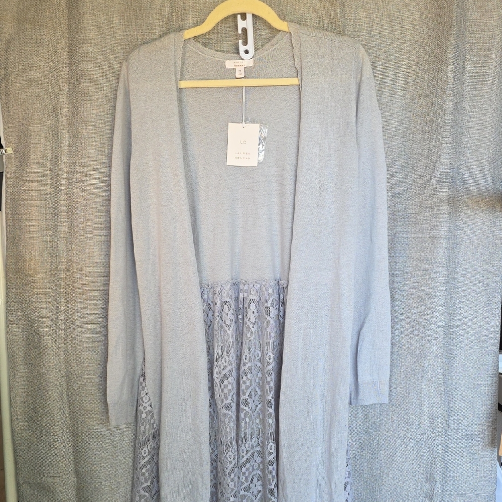 LC Lauren Conrad Soft Gray Cardigan with Lace Accent